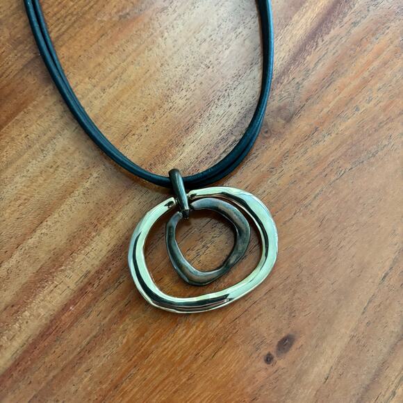 Two Tone Gold Bronze Rings Pendant Necklace Black Leather Cord Adjustable - Picture 3 of 8